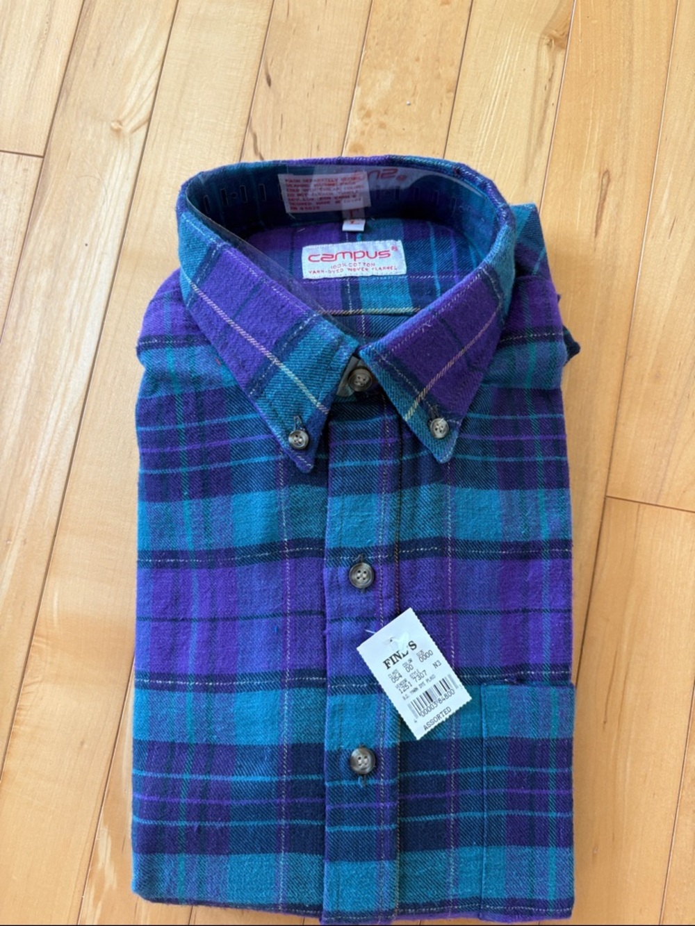 Campus Men's Purple & Teal Plaid Button-Down Shirt Size Large